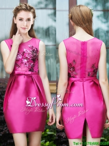 Luxurious Column Scoop Applique Hot Pink Prom Dress in Satin