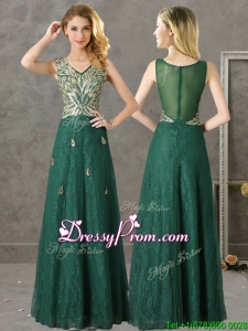 Luxurious V Neck Dark Green Prom Dress with Appliques and Beading