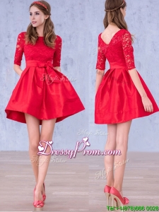 Romantic Bowknot and Laced Scoop Half Sleeves Prom Dress in Red