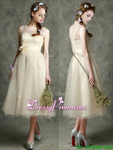 See Through Scoop Champagne Dama Dress with Hand Made Flowers and Appliques