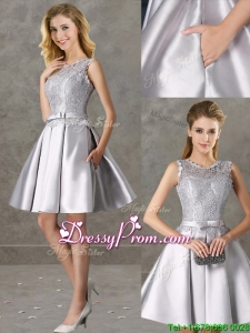 Fashionable Light BlClassical Laced and Bowknot Scoop Dama Dress in Silver