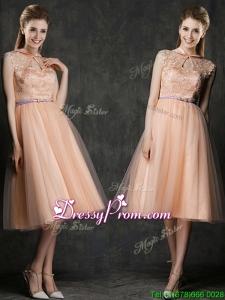 Popular High Neck Peach Dama Dress with Sashes and Lace