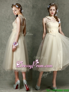 Pretty High Neck Champagne Prom Dress with Lace and Hand Made Flowers