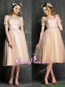 Beautiful Bateau Short Sleeves Prom Dress with Sashes and Lace