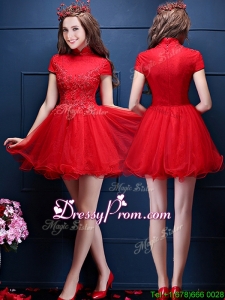 Luxurious High Neck Short Sleeves Prom Dress with Appliques and Beading