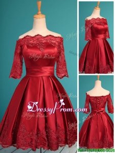 Romantic Off the Shoulder Half Sleeves Prom Dress with Lace and Belt