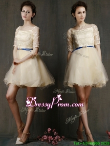 Romantic Square Half Sleeves Prom Dress with Sashes and Lace