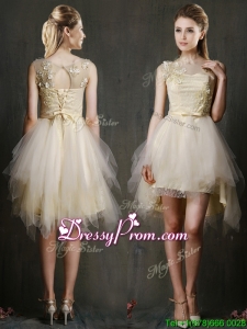 See Through Scoop Champagne Prom Dress with Appliques and Belt