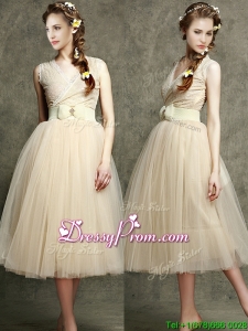 Cheap Champagne V Neck Prom with Belt and Bowknot