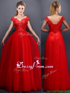 Classical Beaded V Neck Red Prom Dress with Cap Sleeves