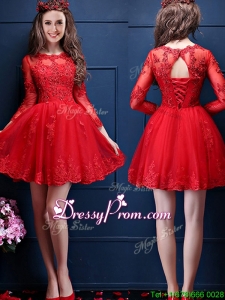 Classical Scoop Three Fourth Length Sleeves Short Prom Dress with Beading and Lace