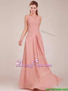 Modest Ruched Decorated Bodice Peach Prom Dress with V Neck