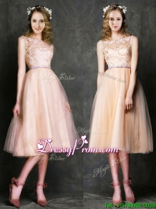 Romantic Laced and Sashed Scoop Prom Dress in Peach