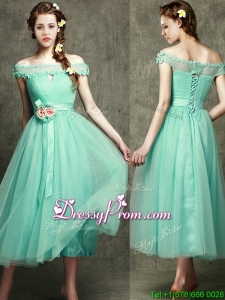 Romantic Off the Shoulder Cap Sleeves Prom Dress with Appliques and Hand Made Flowers
