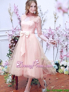 See Through High Neck Half Sleeves Prom Dress with Bowknot