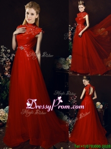 Beautiful High Neck Open Back Beaded Prom Dress with Brush Train