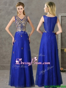 Gorgeous V Neck Appliques and Beading Prom Dress in Royal Blue