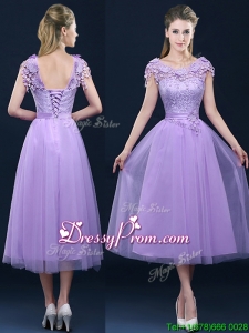 New Style Cap Sleeves Lavender Bridesmaid Dress with Lace and Appliques