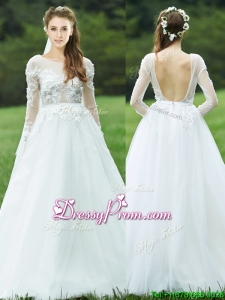 Pretty Applique White Backless Prom Dress with Long Sleeves