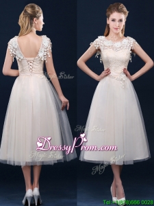 Pretty Tea Length A Line Prom Dress with Cap Sleeves