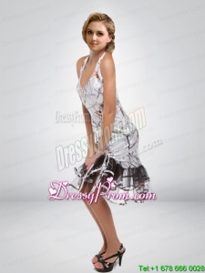Popular Column Halter Top Tea Length Camo Prom Dress with Ruffled Layers
