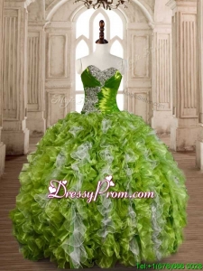 Lovely Olive Green and White Quinceanera Dress with Beading and Ruffles