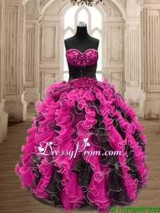 Modest Hot Pink and Black Quinceanera Dress with Beading and Ruffles