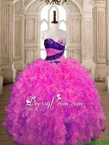 Inexpensive Big Puffy Hot Pink Quinceanera Dress with Beading and Ruffles