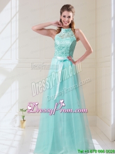 Elegant 2015 Summer Empire Halter Top Laced Mint Prom Dresses with Sash