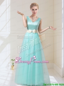 New Style V Neck Floor Length Dama Dresses with Bowknot for 2015 Fall