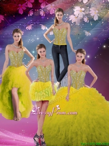 Sweetheart Beaded and Ruffles Detachable Dresses For Sweet 16 in Yellow