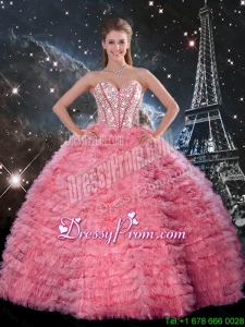 Latest Ball Gown Beaded Rose Pink Quinceanera Dresses with Ruffles for 2016