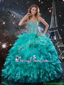Cheap Brush Train Turquoise Quinceanera Dresses with Beading and Ruffles