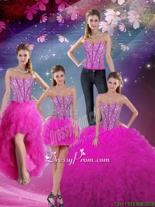 Cheap Detachable Sweetheart Ball Gown Beaded and Ruffles Quinceanera Dresses in Fuchsia