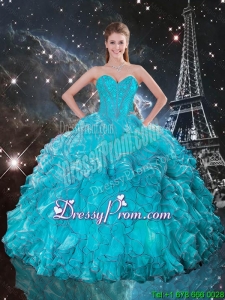 2016 Modern Sweetheart Teal Quinceanera Gowns with Ruffles and Beading