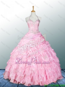 Pretty Halter Top Pink Quinceanera Dresses with Appliques