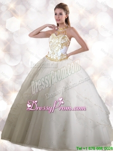 2016 Spring Feminine Halter Top White Quinceanera Gowns with Appliques