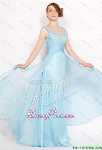 Perfect Straps Ruched Light Blue Prom Dresses 2015 with Beading