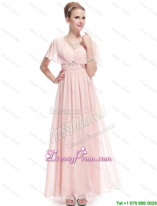 New Style V Neck Beaded Prom Dresses with Short Sleeves