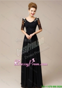 Best Half Sleeves Laced Black Prom Dresses with V Neck