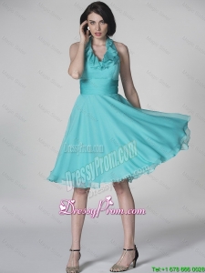 Best Halter Top Turquoise Prom Dresses with Ruffles and Belt