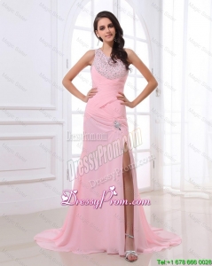 Best Column Brush Train Prom Dresses with High Slit and Beading