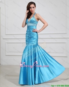 Best Mermaid Halter Top Prom Dresses with Beading in Baby Blue