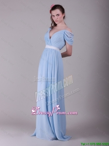Best Spaghetti Straps Light Blue Prom Dresses with Ruching and Belt