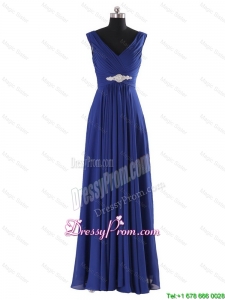 Simple V Neck Beading and Ruching Long Prom Dresses for 2016 Autumn