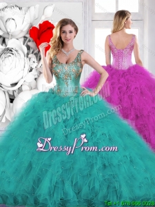 Gorgeous Beading Scoop Teal Sweet 16 Dresses with Ruffles for Fall