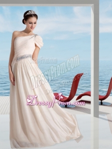 Champagne Empire One Shoulder Prom Dress with Beading and Ruching