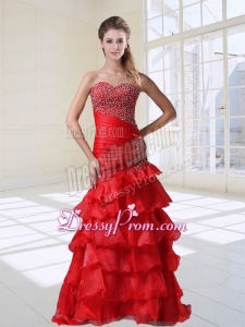 Mermaid Red Party Sexy Beaded Sweetheart Organza Floor Length Prom Dress with Ruffles