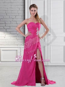 Popular Hot Pink Sweetheart Prom Dress with Beading and High Slit