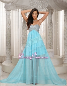 Special Design Sweetheart Beaded Aque Blue Prom Dress with Brush Train
